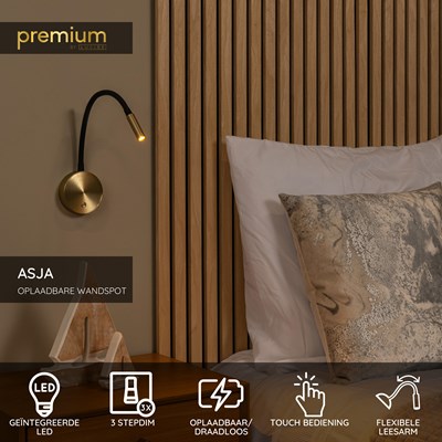 Lucide ASJA - Oplaadbare Wandspot / Wandlamp - Accu/Batterij - LED 3 StepDim - 1x3W 2700K - Mat Goud / Messing | Premium